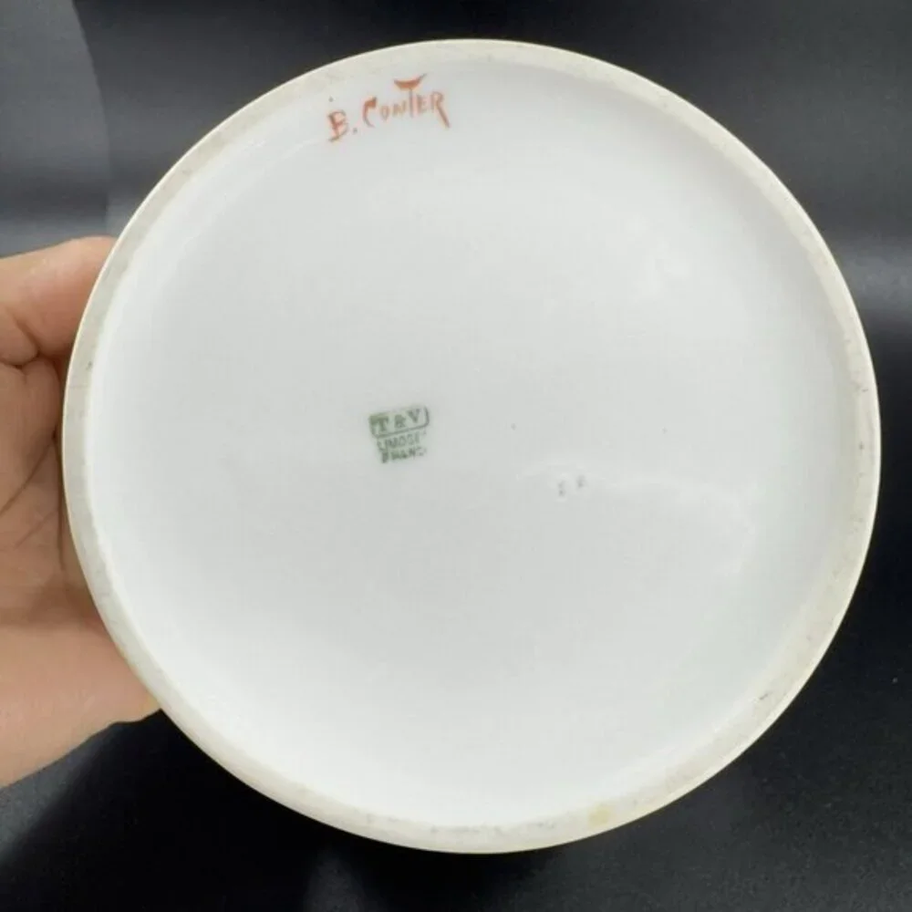 Antique T & V Limoges Butter Tub Hand Painted Porcelain‎ Dish With Under Plate